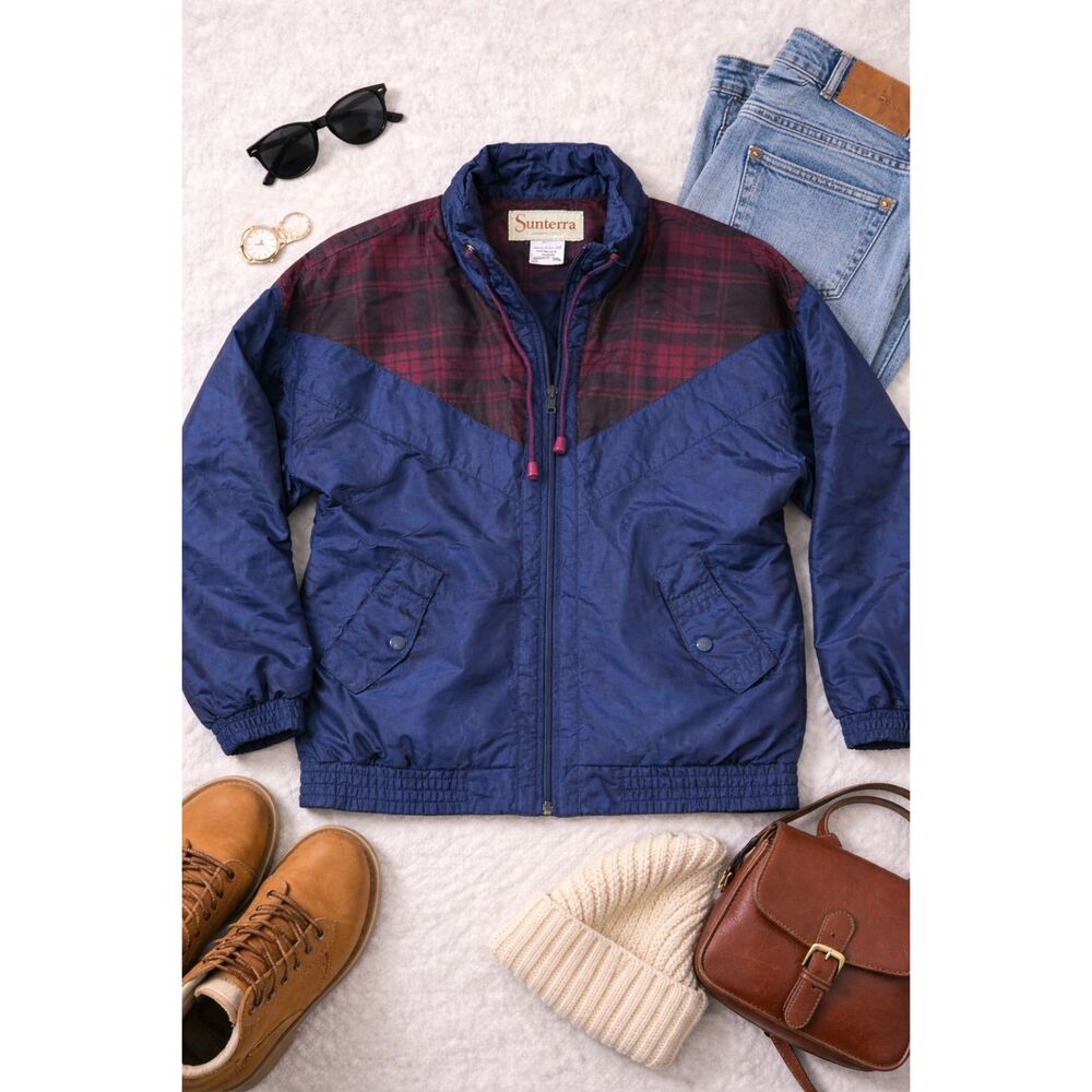 Sunterra Women’s Windbreaker Jacket Blue Plaid Zip Up size Large Petite (42)